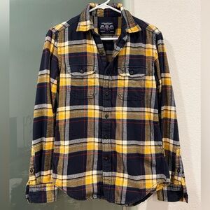 American Eagle Plaid Flannel Shirt, Navy Yellow, Mens XS